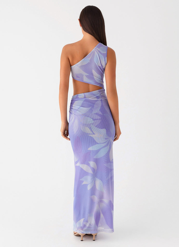 Womens Shadows In The Sun Mesh Maxi Dress in the colour Purple Rain in front of a light grey background