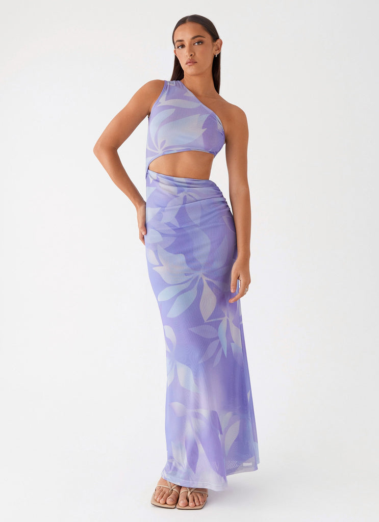 Womens Shadows In The Sun Mesh Maxi Dress in the colour Purple Rain in front of a light grey background