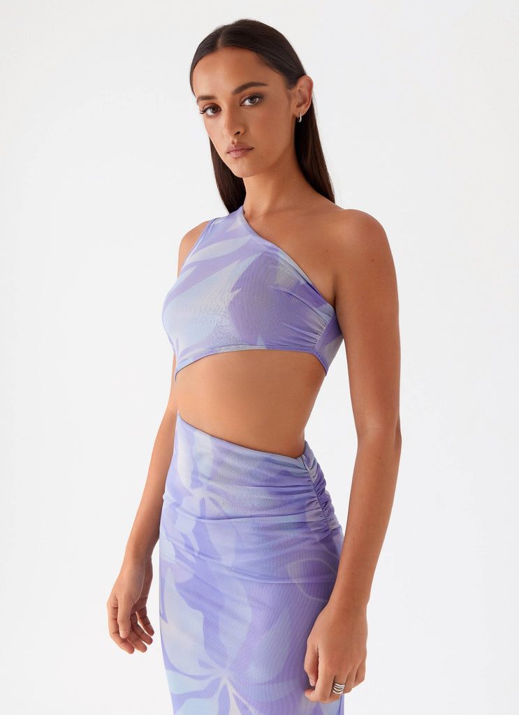 Womens Shadows In The Sun Mesh Maxi Dress in the colour Purple Rain in front of a light grey background