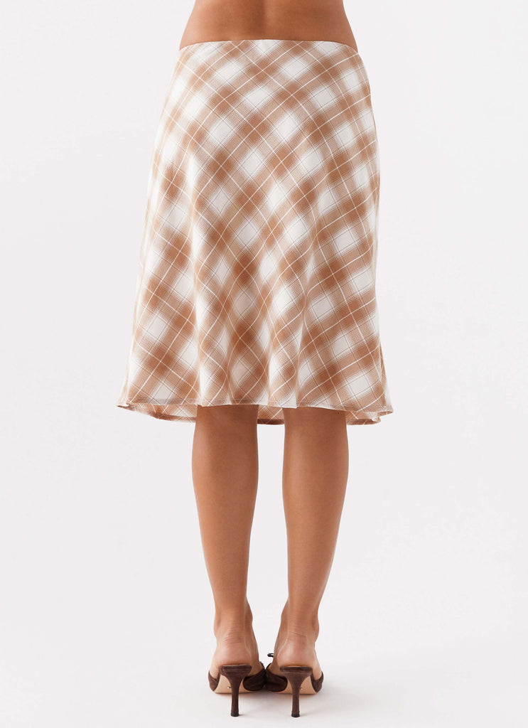 Womens Andie Midi Skirt in the colour Brown/White Plaid in front of a light grey background