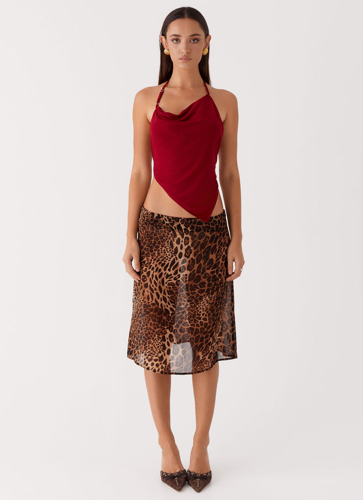 Womens Evoke Chiffon Midi Skirt in the colour Leopard in front of a light grey background