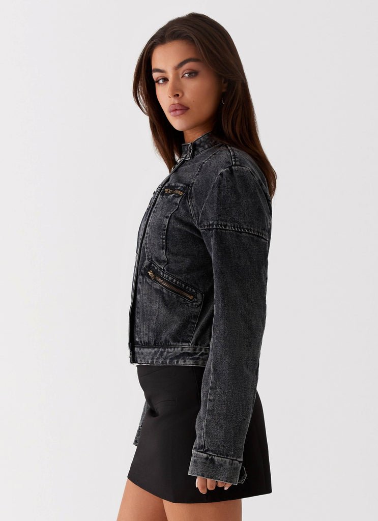 Womens Another Late Night Denim Jacket in the colour Charcoal in front of a light grey background