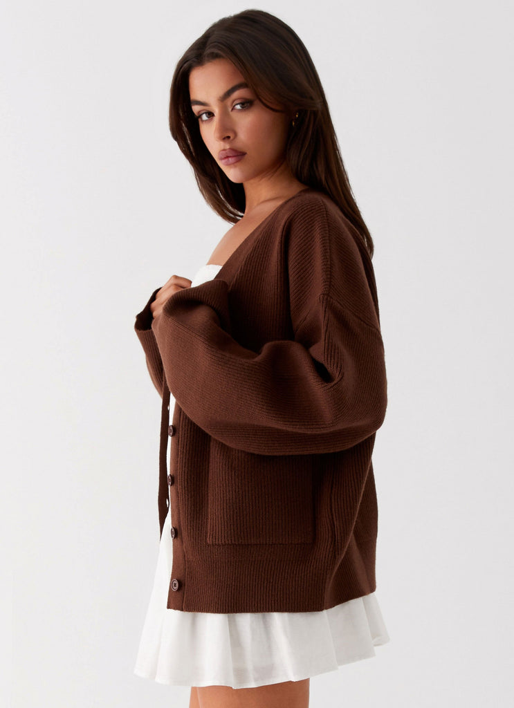 Womens Liza Knit Cardigan in the colour Chocolate in front of a light grey background