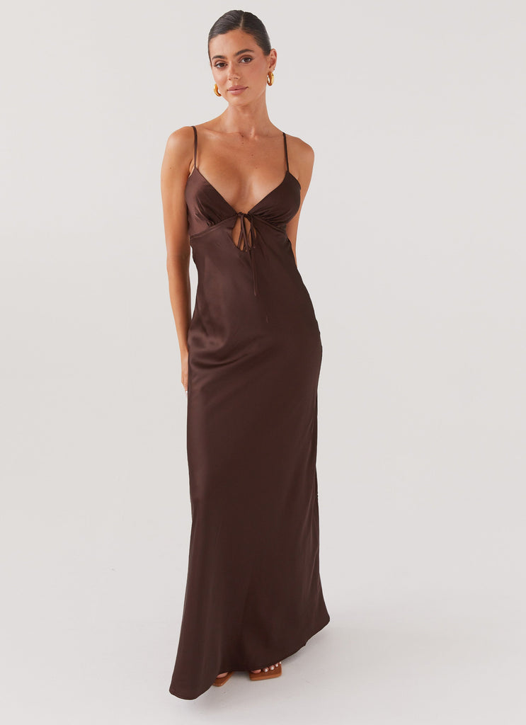 Womens Flora Satin Maxi Dress in the colour Chocolate in front of a light grey background