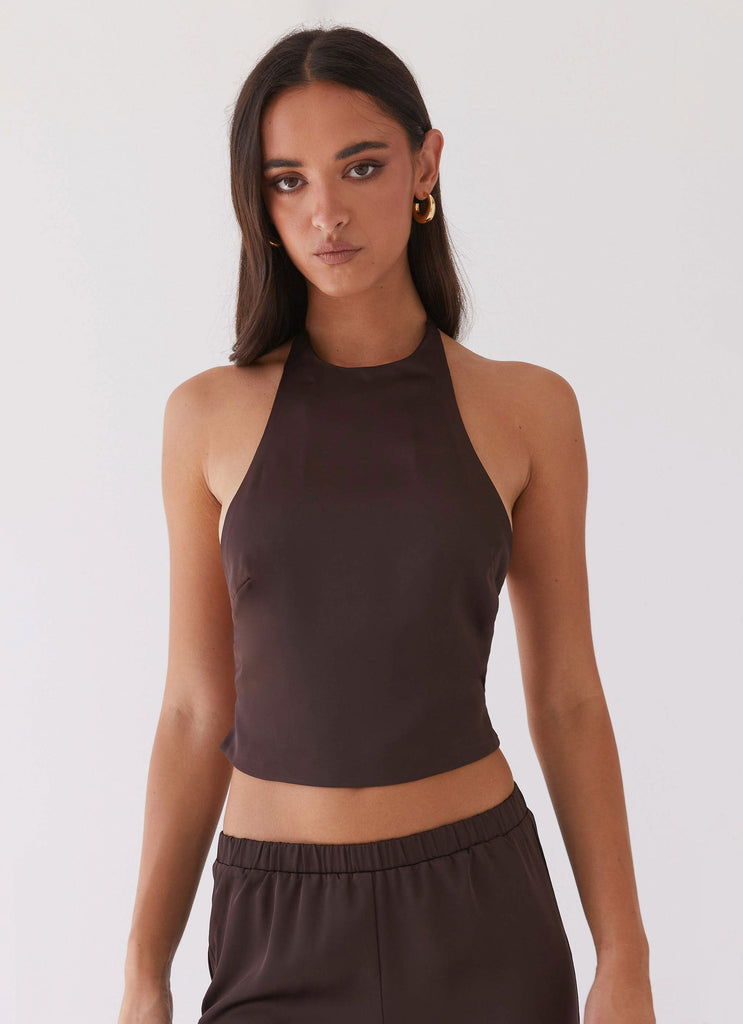 Womens Bree Satin Halterneck Top in the colour Brown in front of a light grey background