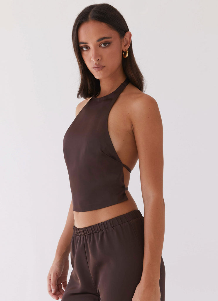 Womens Bree Satin Halterneck Top in the colour Brown in front of a light grey background