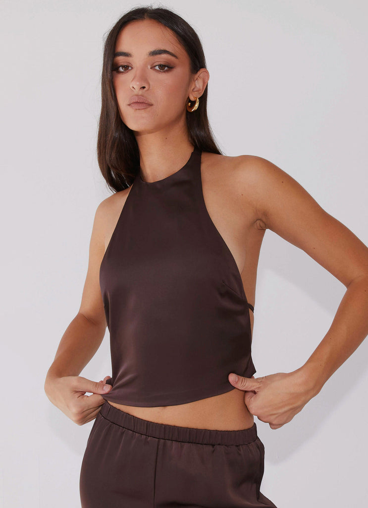 Womens Bree Satin Halterneck Top in the colour Brown in front of a light grey background