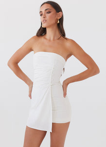 Womens Lavinia Linen Tube Mini Dress in the colour White in front of a light grey background