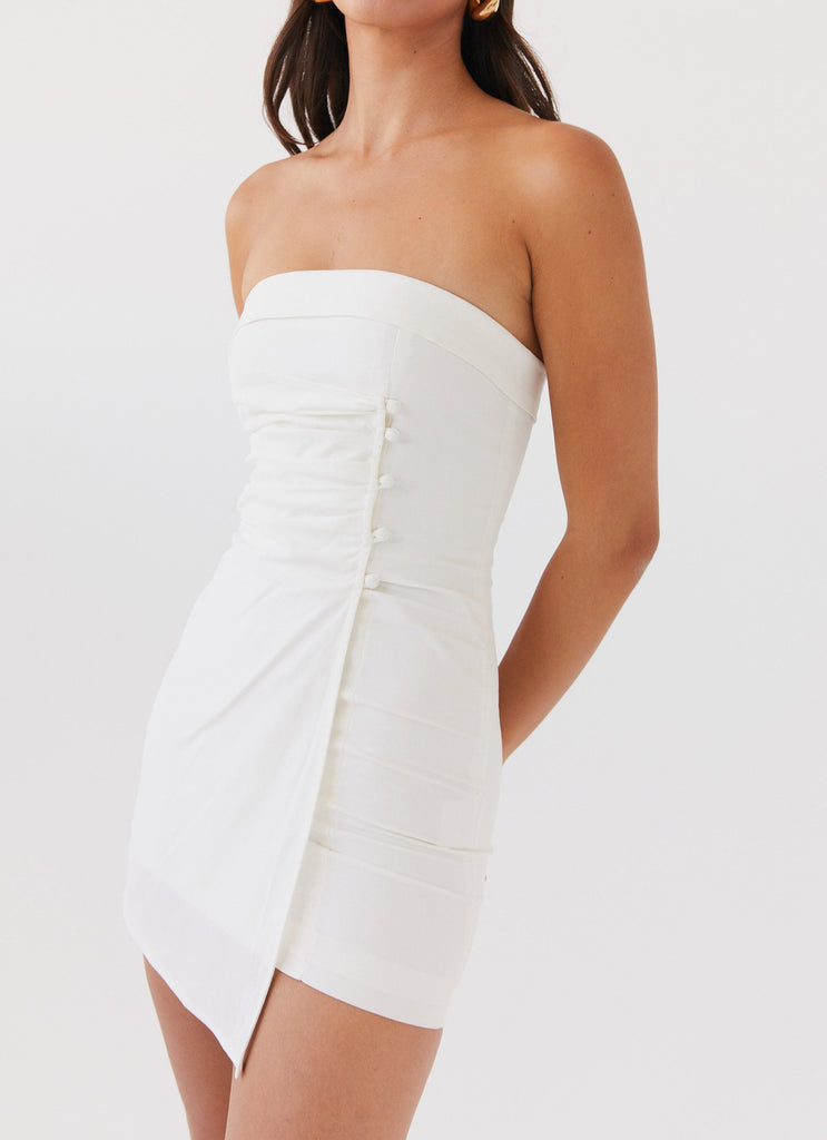 Womens Lavinia Linen Tube Mini Dress in the colour White in front of a light grey background