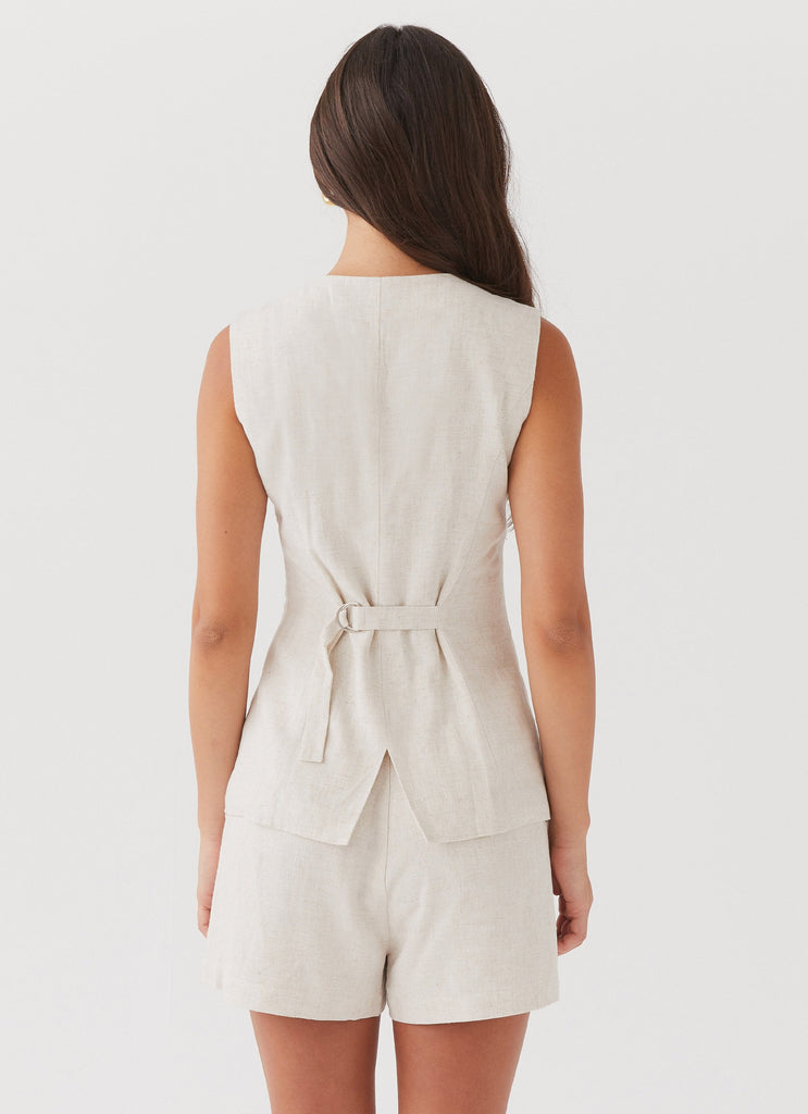 Womens Born For Bordeaux Linen Vest in the colour Oatmeal in front of a light grey background