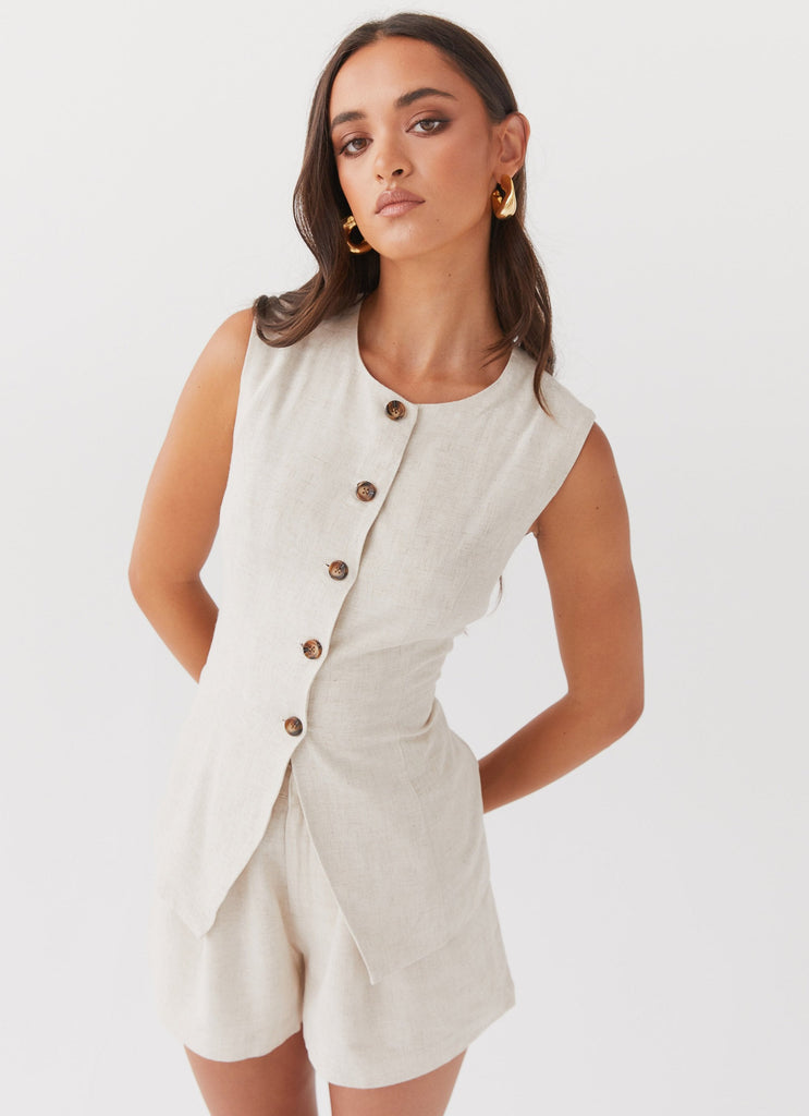 Womens Born For Bordeaux Linen Vest in the colour Oatmeal in front of a light grey background