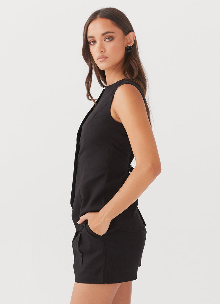 Womens Born For Bordeaux Linen Vest in the colour Black in front of a light grey background