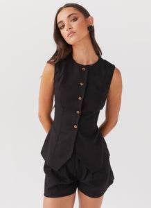 Womens Born For Bordeaux Linen Vest in the colour Black in front of a light grey background