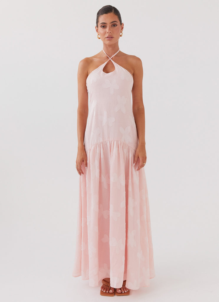 Womens Blushed Cross Neckline Maxi Dress in the colour Pink Petal in front of a light grey background