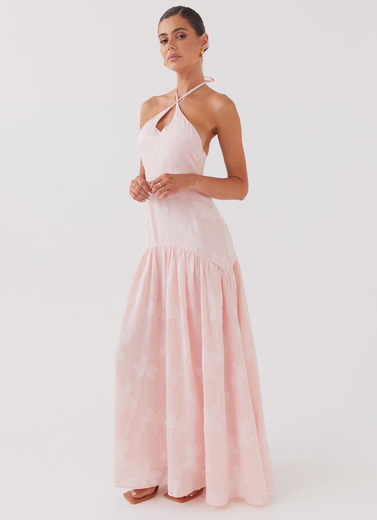 Womens Blushed Cross Neckline Maxi Dress in the colour Pink Petal in front of a light grey background