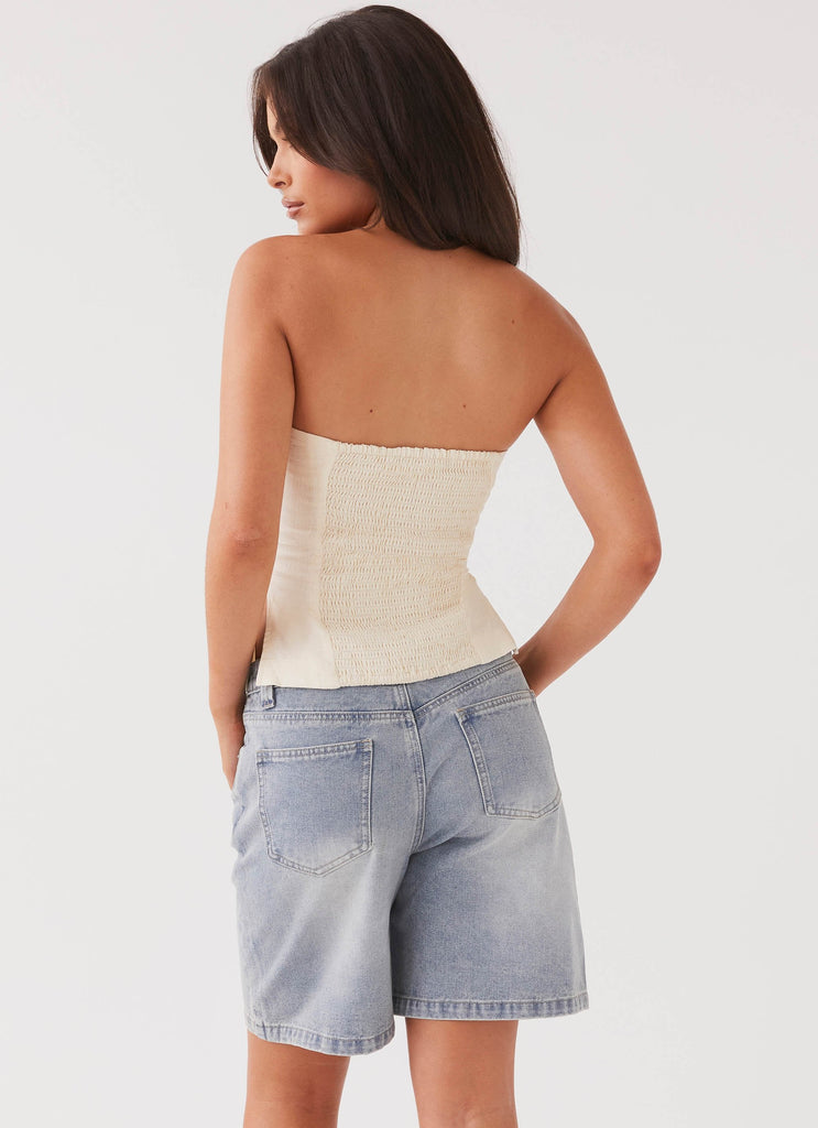 Womens Stephanie Linen Tube Top in the colour Ivory Cream in front of a light grey background