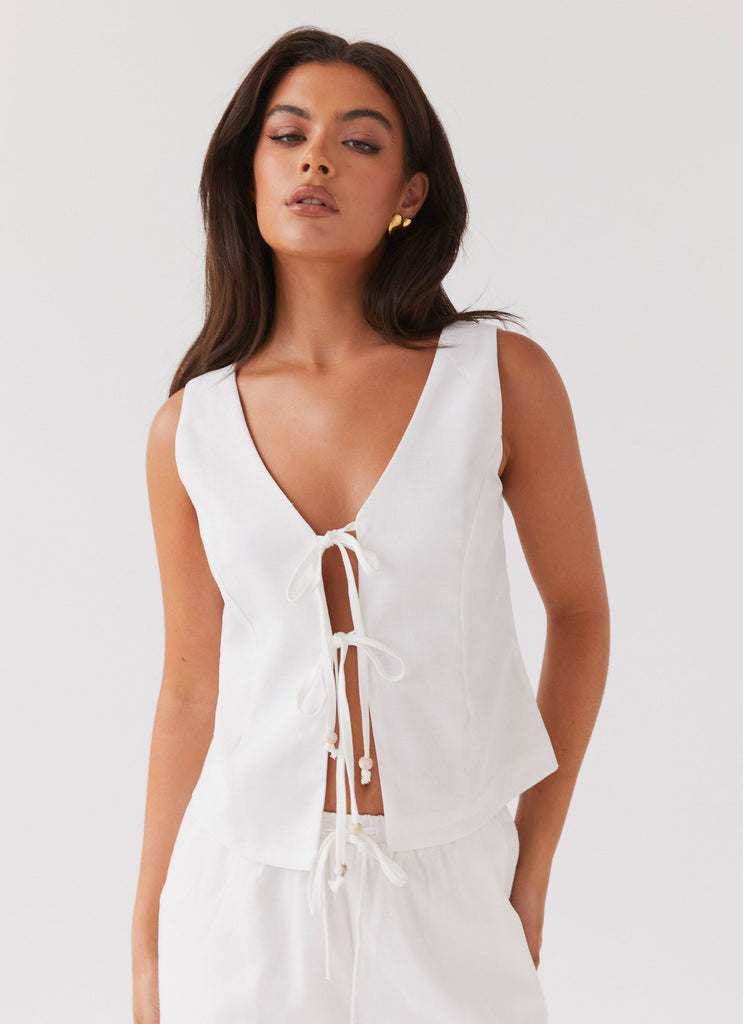 Womens Tina Linen Vest Top in the colour White in front of a light grey background