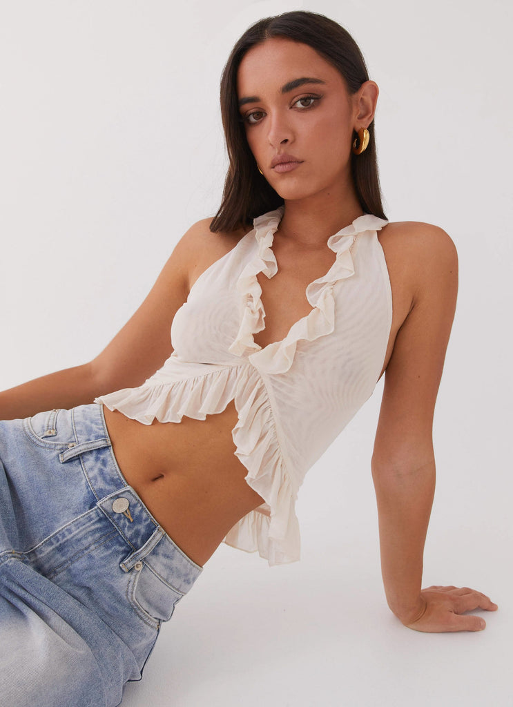 Womens Tanya Mesh Frill Top in the colour Ivory in front of a light grey background