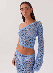 Womens Merliah Crochet Top in the colour Blue in front of a light grey background