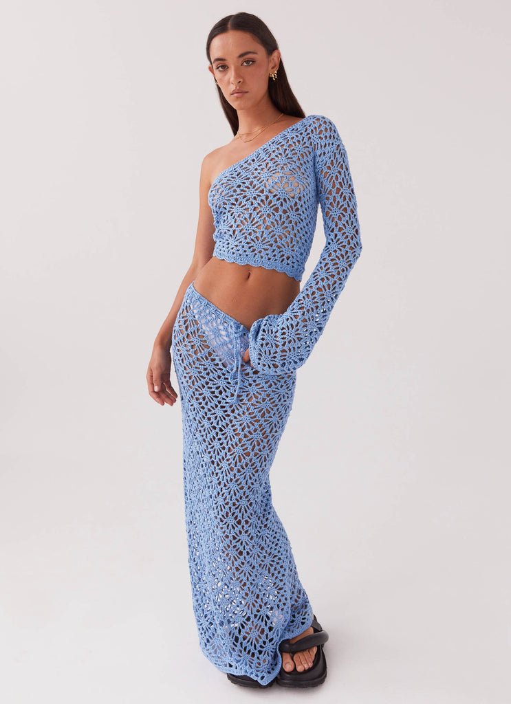 Womens Merliah Crochet Maxi Skirt in the colour Blue in front of a light grey background