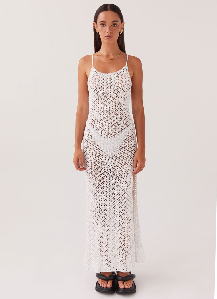 Womens Shellie Crochet Maxi Dress in the colour White in front of a light grey background