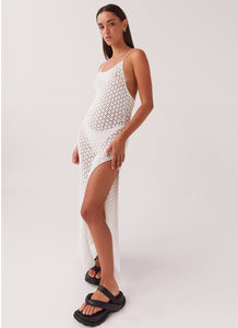 Womens Shellie Crochet Maxi Dress in the colour White in front of a light grey background