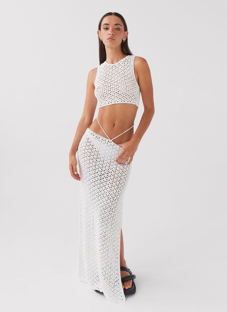 Womens Mabel Bay Crochet Tank Top in the colour White in front of a light grey background