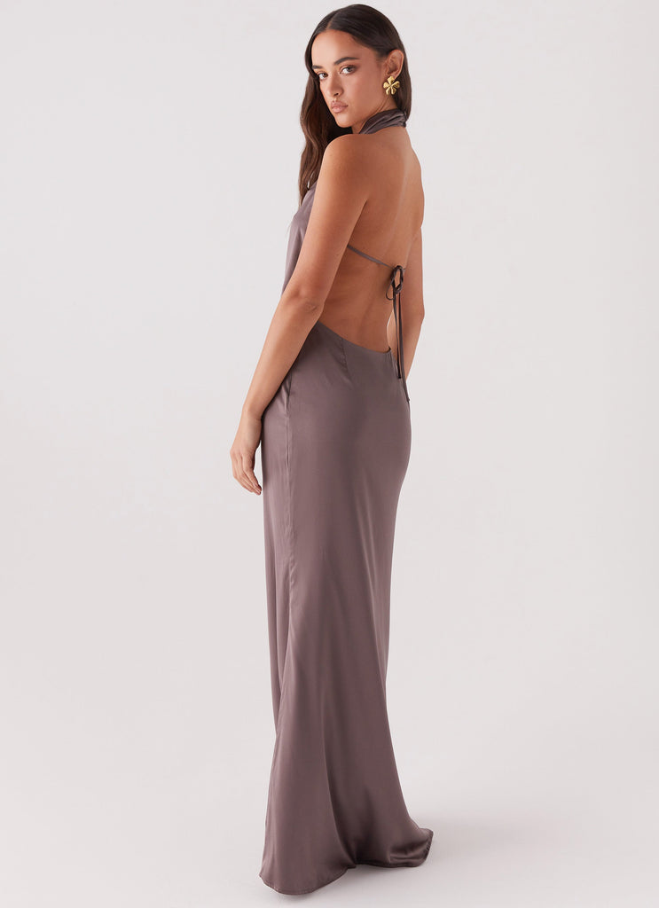 Womens Wynn Satin Maxi Dress in the colour Chocolate in front of a light grey background