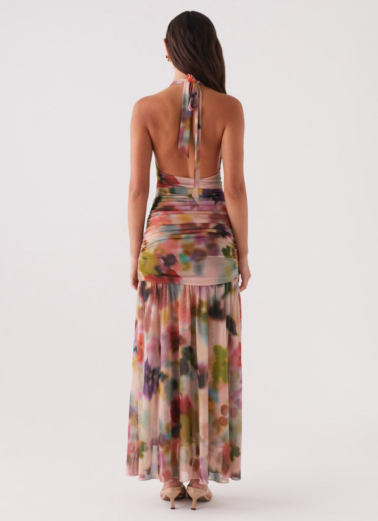 Womens Outcast Maxi Dress in the colour Mystic Meadow in front of a light grey background