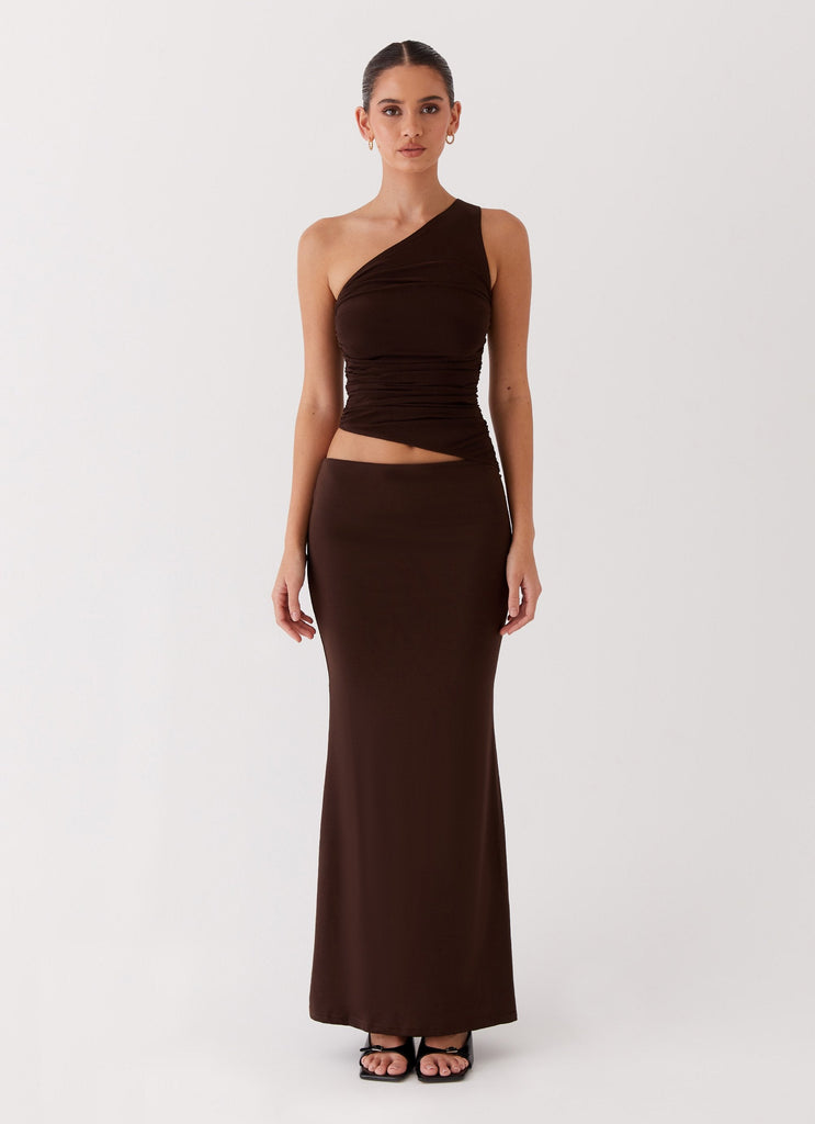 Womens Seranella One Shoulder Maxi Dress in the colour Chocolate in front of a light grey background