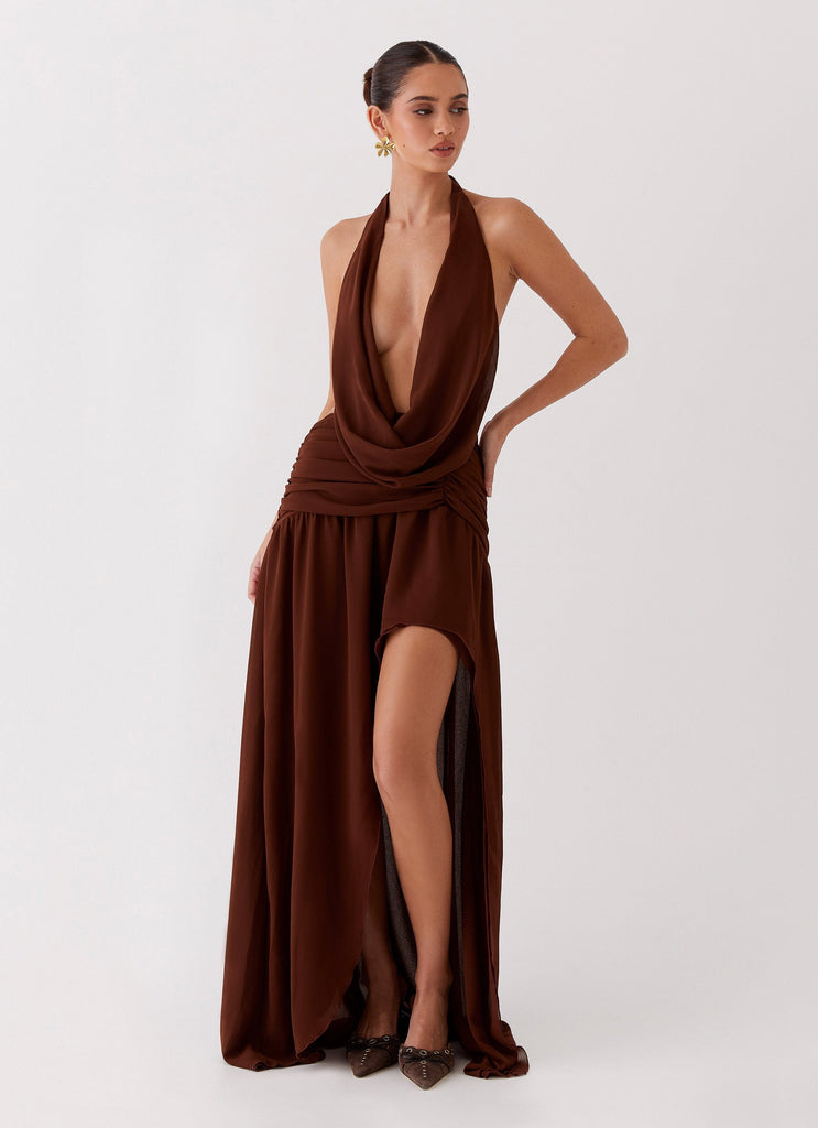 Womens Blake Rose Maxi Dress in the colour Brown in front of a light grey background