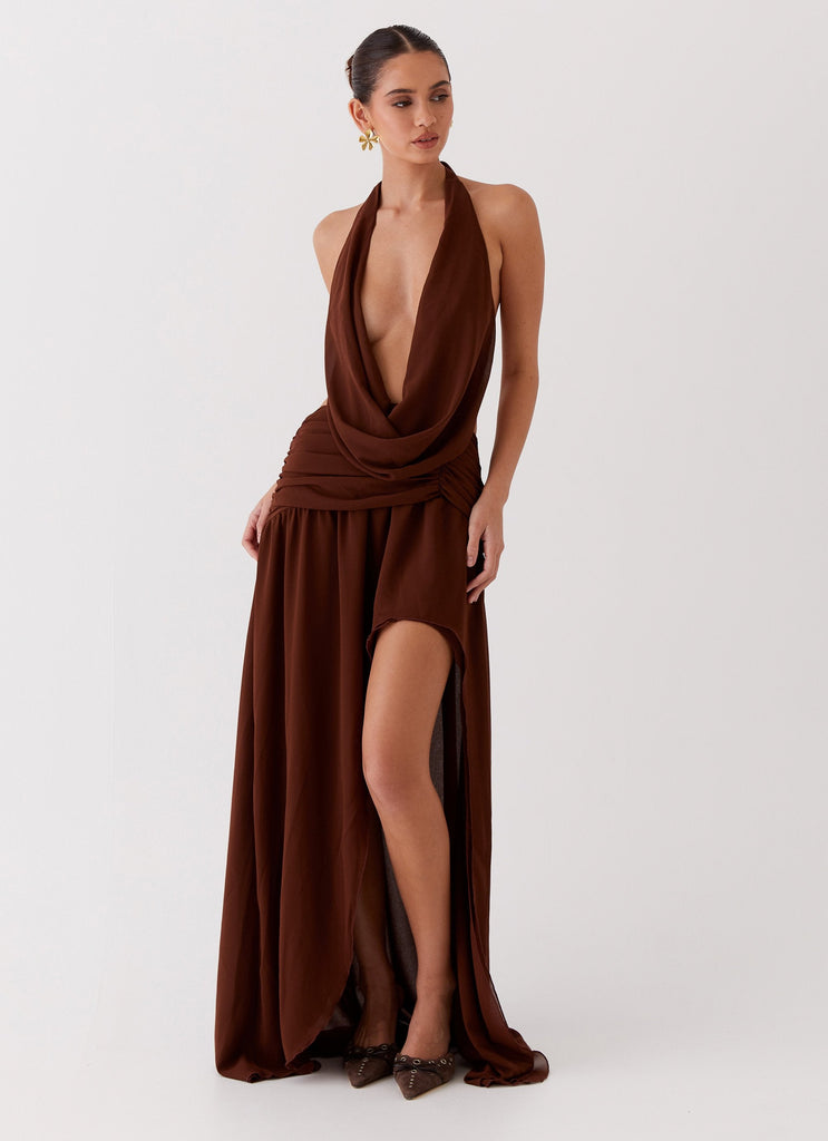 Womens Blake Rose Maxi Dress in the colour Brown in front of a light grey background