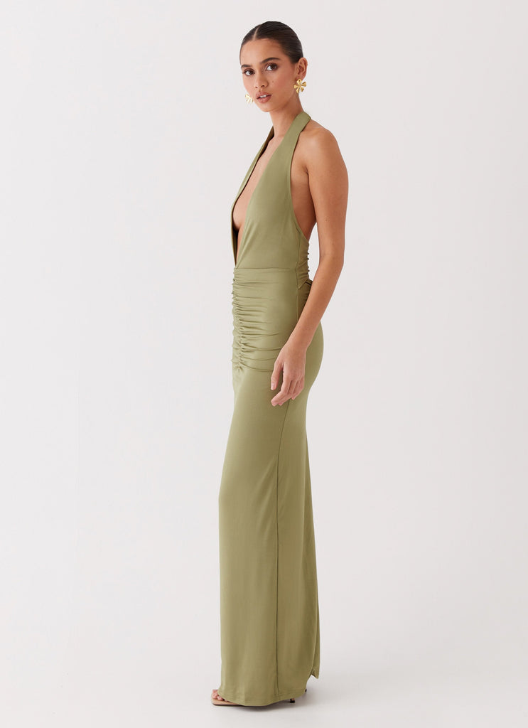 Womens Whisked Away Halterneck Maxi Dress in the colour Olive in front of a light grey background