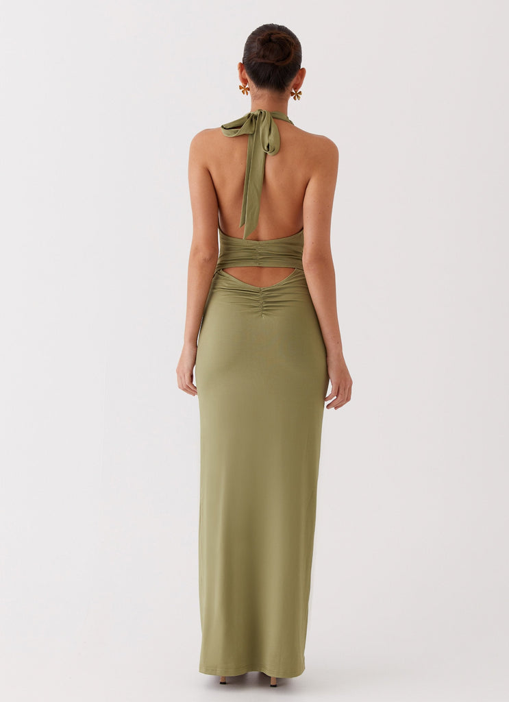 Womens Whisked Away Halterneck Maxi Dress in the colour Olive in front of a light grey background