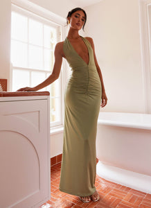 Womens Whisked Away Halterneck Maxi Dress in the colour Olive in front of a light grey background