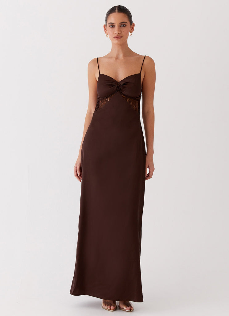 Womens Dream Sight Lace Satin Maxi Dress in the colour Chocolate in front of a light grey background