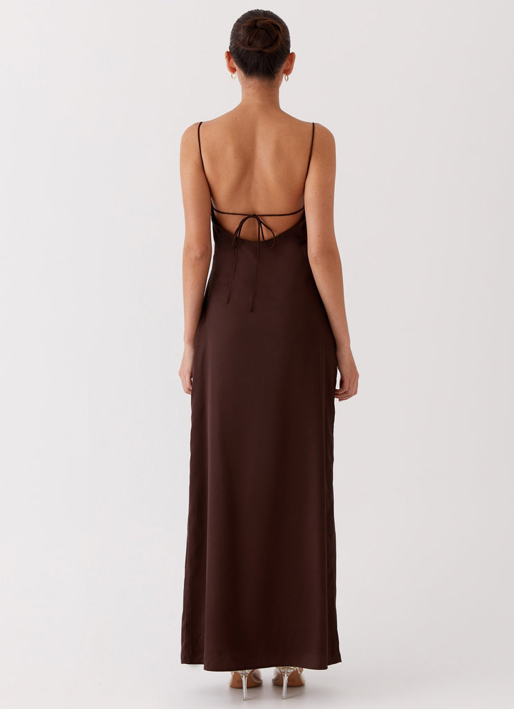 Womens Dream Sight Lace Satin Maxi Dress in the colour Chocolate in front of a light grey background