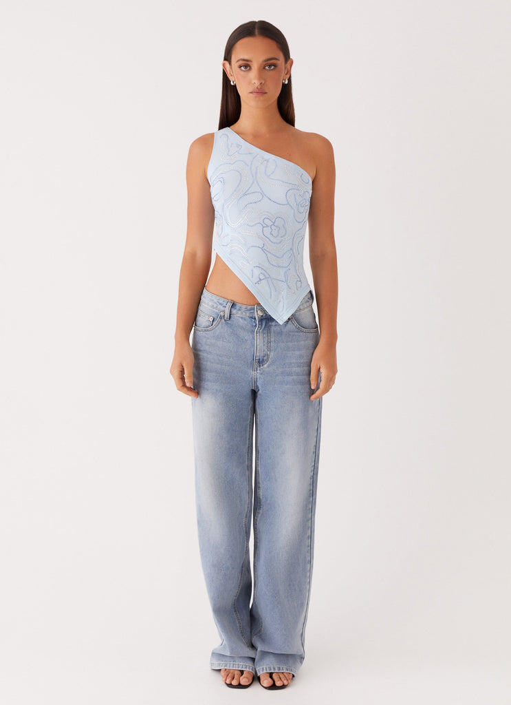 Womens Mountain High Shoulder Top in the colour Blue in front of a light grey background