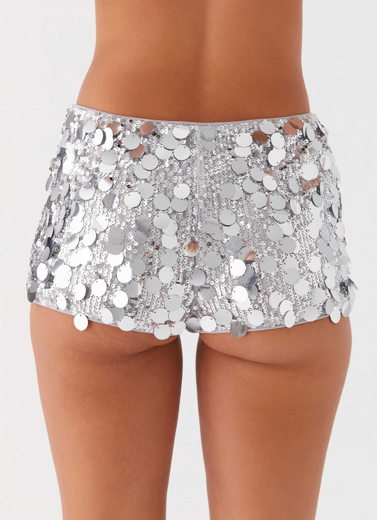 Womens Try Me Sequin Mini Shorts in the colour Silver in front of a light grey background