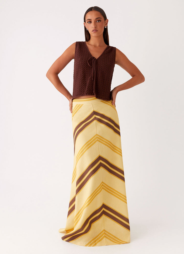 Womens Lillie Knit Tie Vest Top in the colour Chocolate in front of a light grey background