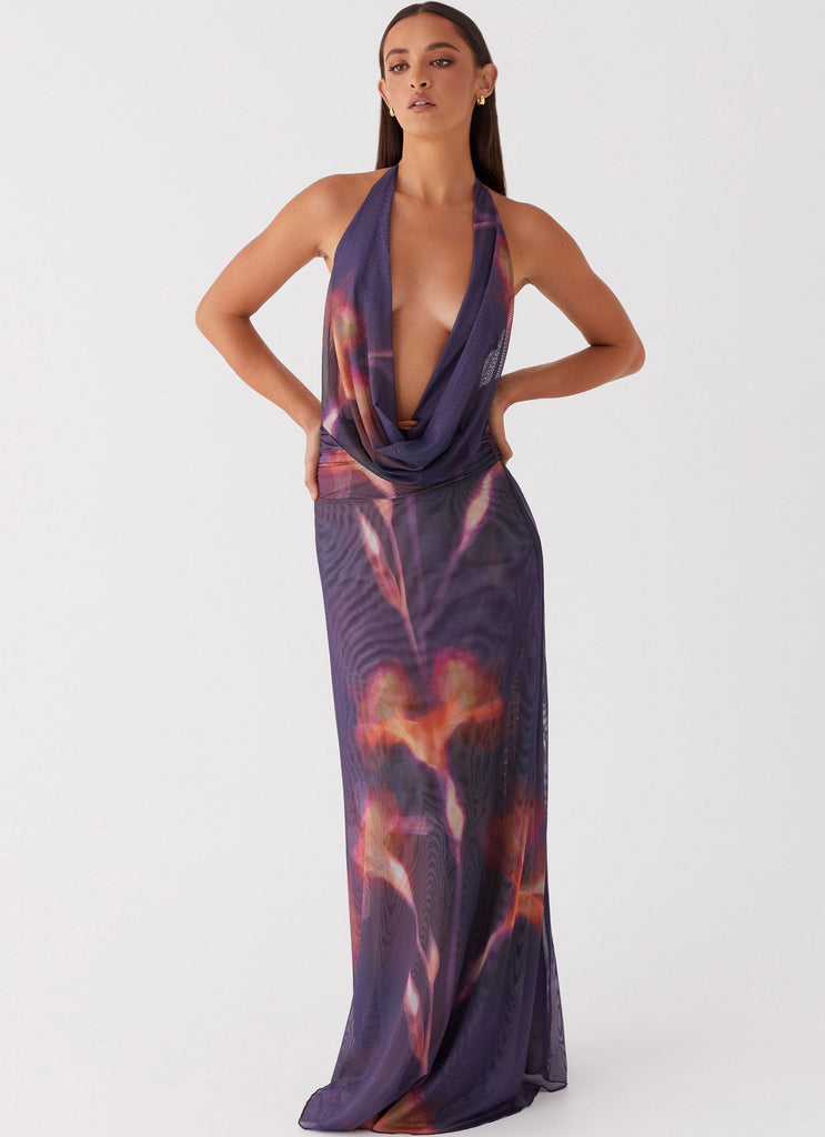 Womens Elysia Mesh Maxi Dress in the colour Midnight Bloom in front of a light grey background