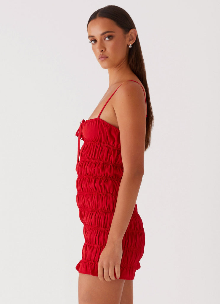 Womens Part Timer Ruched Mini Dress in the colour Red in front of a light grey background