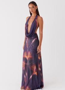 Womens Elysia Mesh Maxi Dress in the colour Midnight Bloom in front of a light grey background