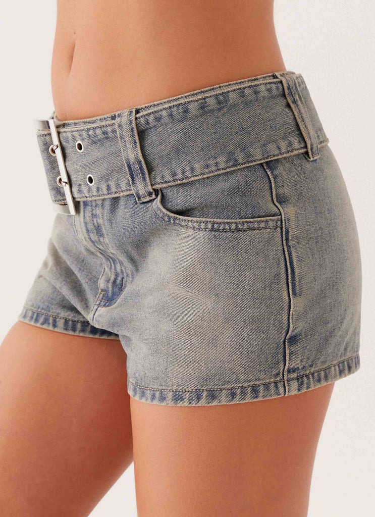 Womens Artist Tint Denim Mini Shorts in the colour Denim in front of a light grey background