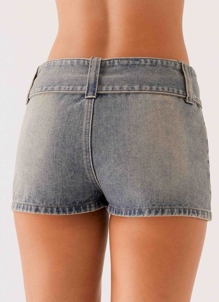 Womens Artist Tint Denim Mini Shorts in the colour Denim in front of a light grey background