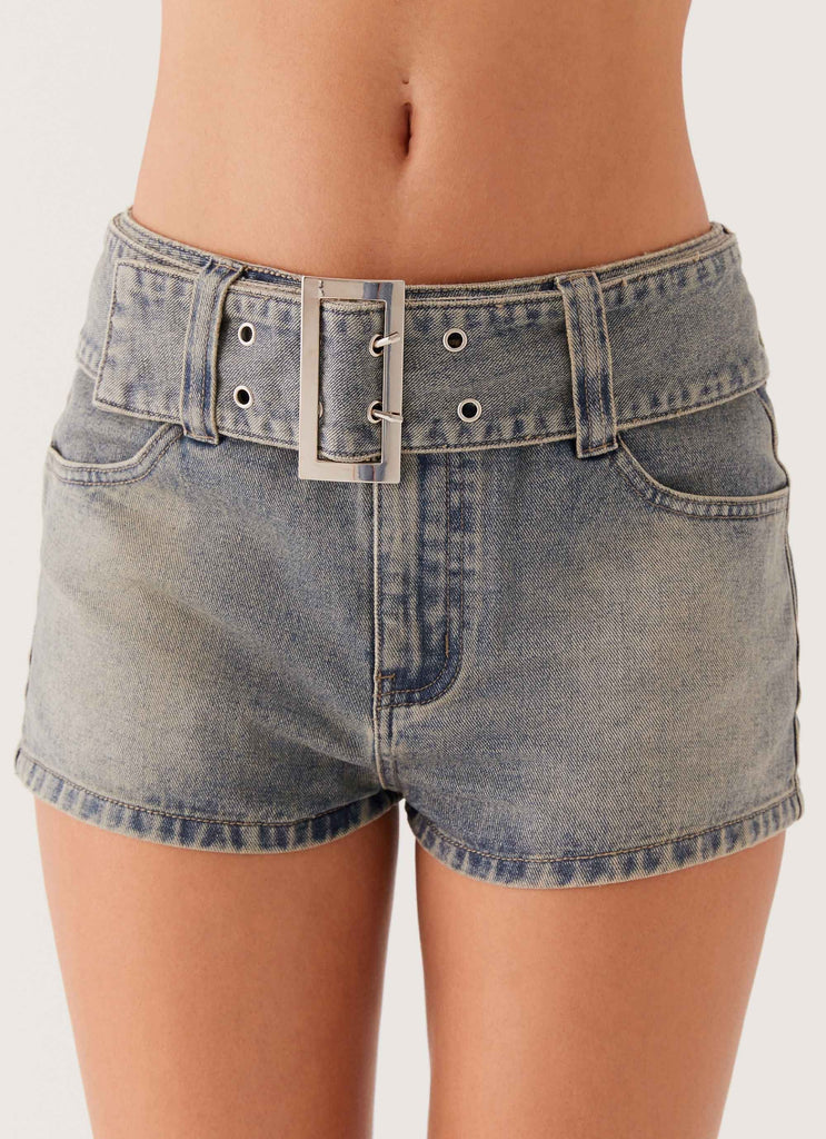 Womens Artist Tint Denim Mini Shorts in the colour Denim in front of a light grey background