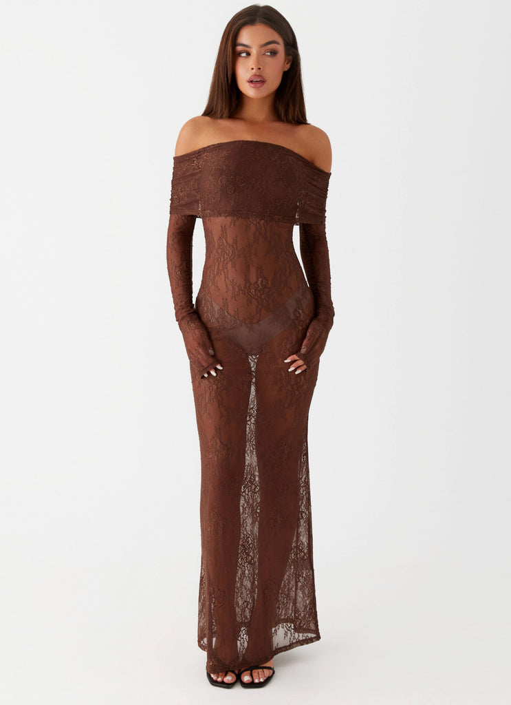 Womens Nadia Lace Maxi Dress in the colour Chocolate in front of a light grey background