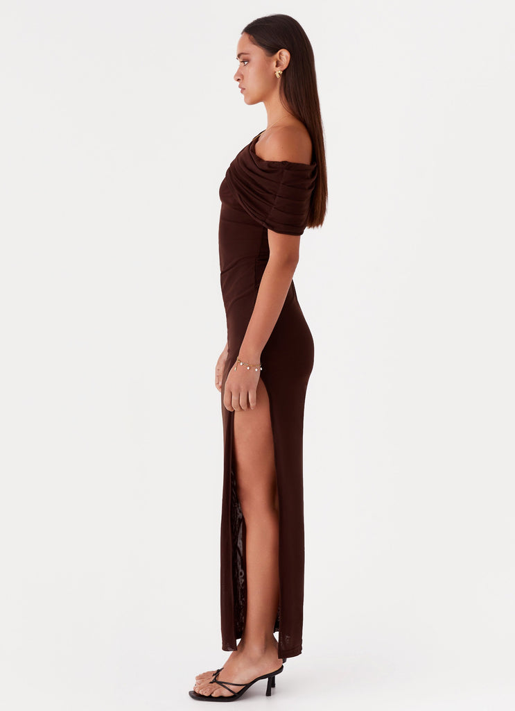 Womens Ciara One Shoulder Draped Maxi Dress in the colour Chocolate in front of a light grey background