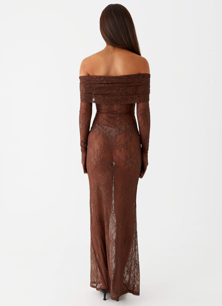 Womens Nadia Lace Maxi Dress in the colour Chocolate in front of a light grey background