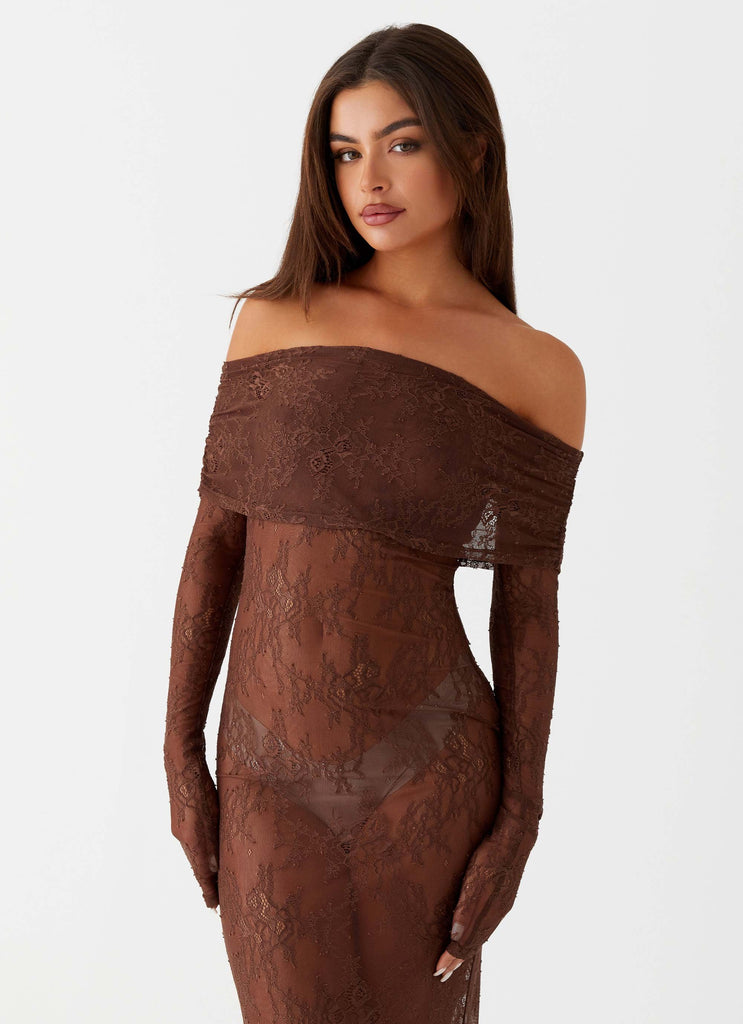 Womens Nadia Lace Maxi Dress in the colour Chocolate in front of a light grey background